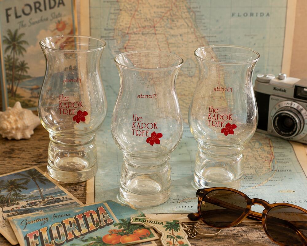 Vintage The Kapok Tree Florida Hurricane Glasses Set of 3 Souvenir Barware